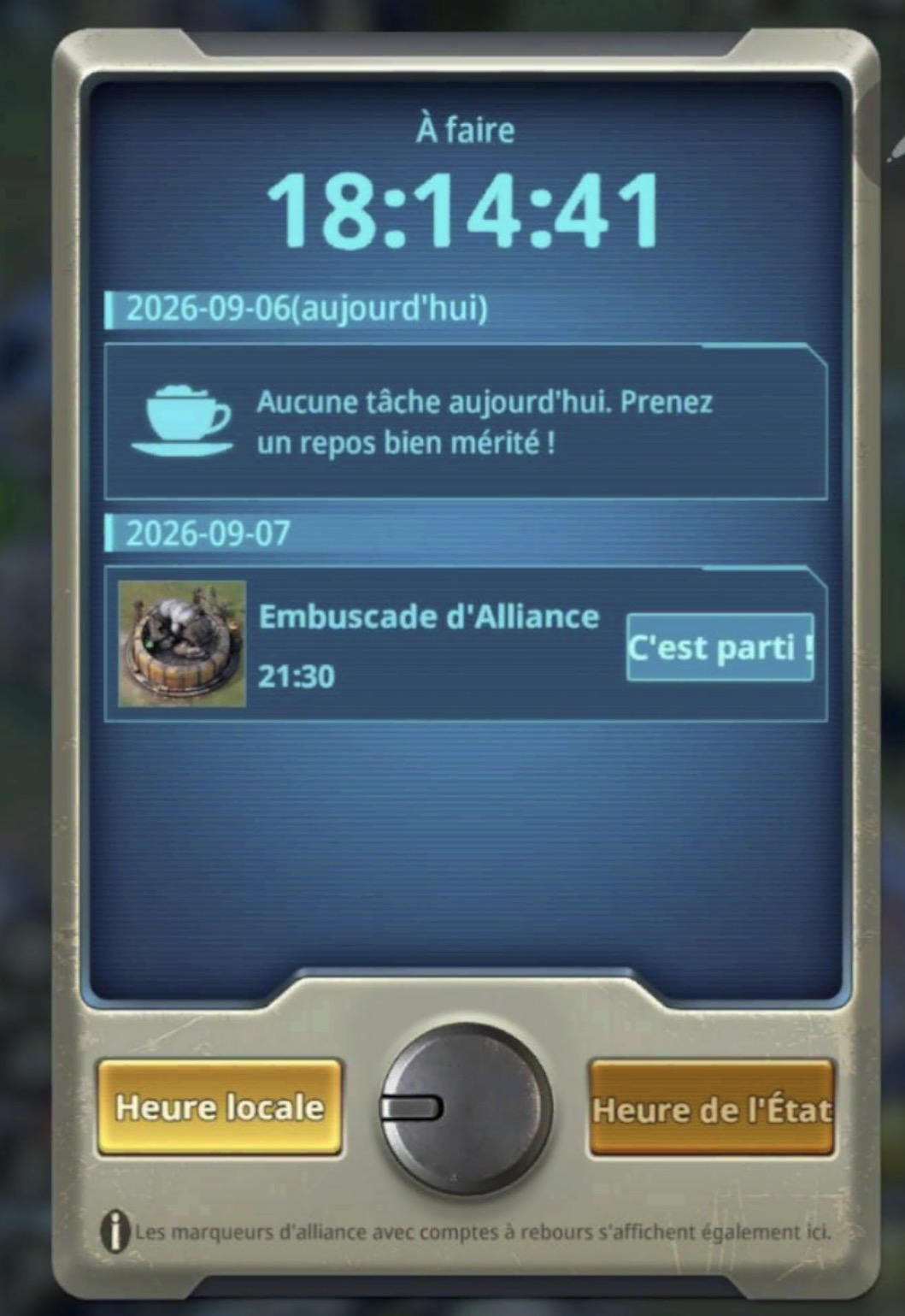Exemple du planning du jeu affiché en Heure locale : 21:30